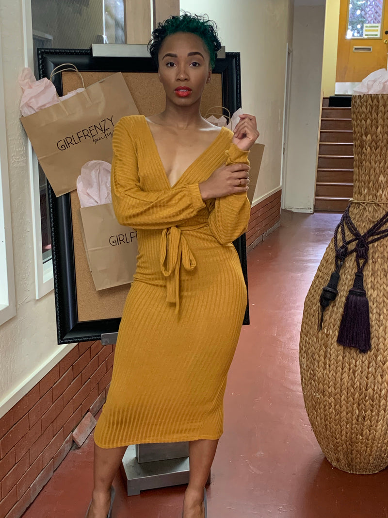 Mustard Cross Over Midi Dress